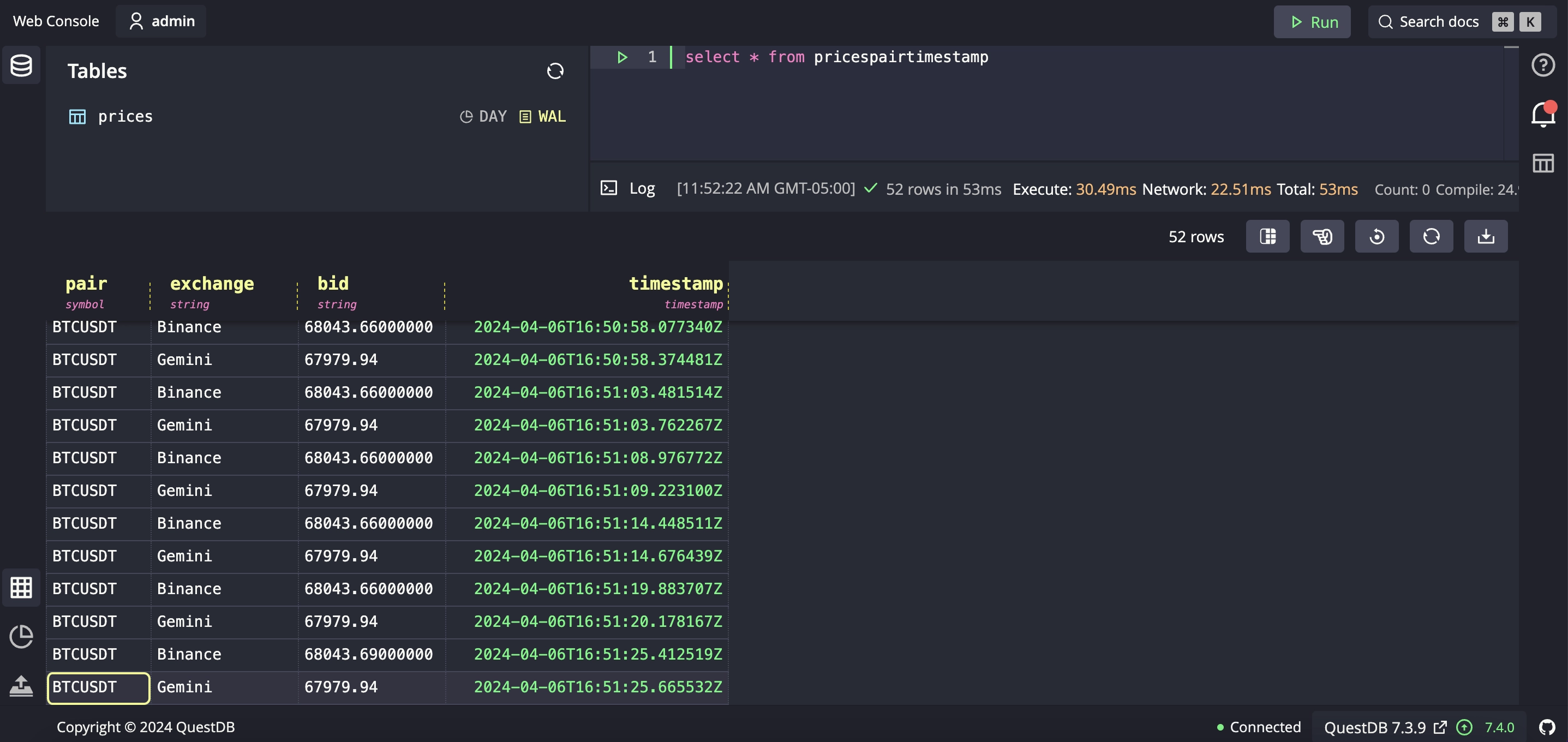 Screenshot of the SELECT * FROM prices statement result