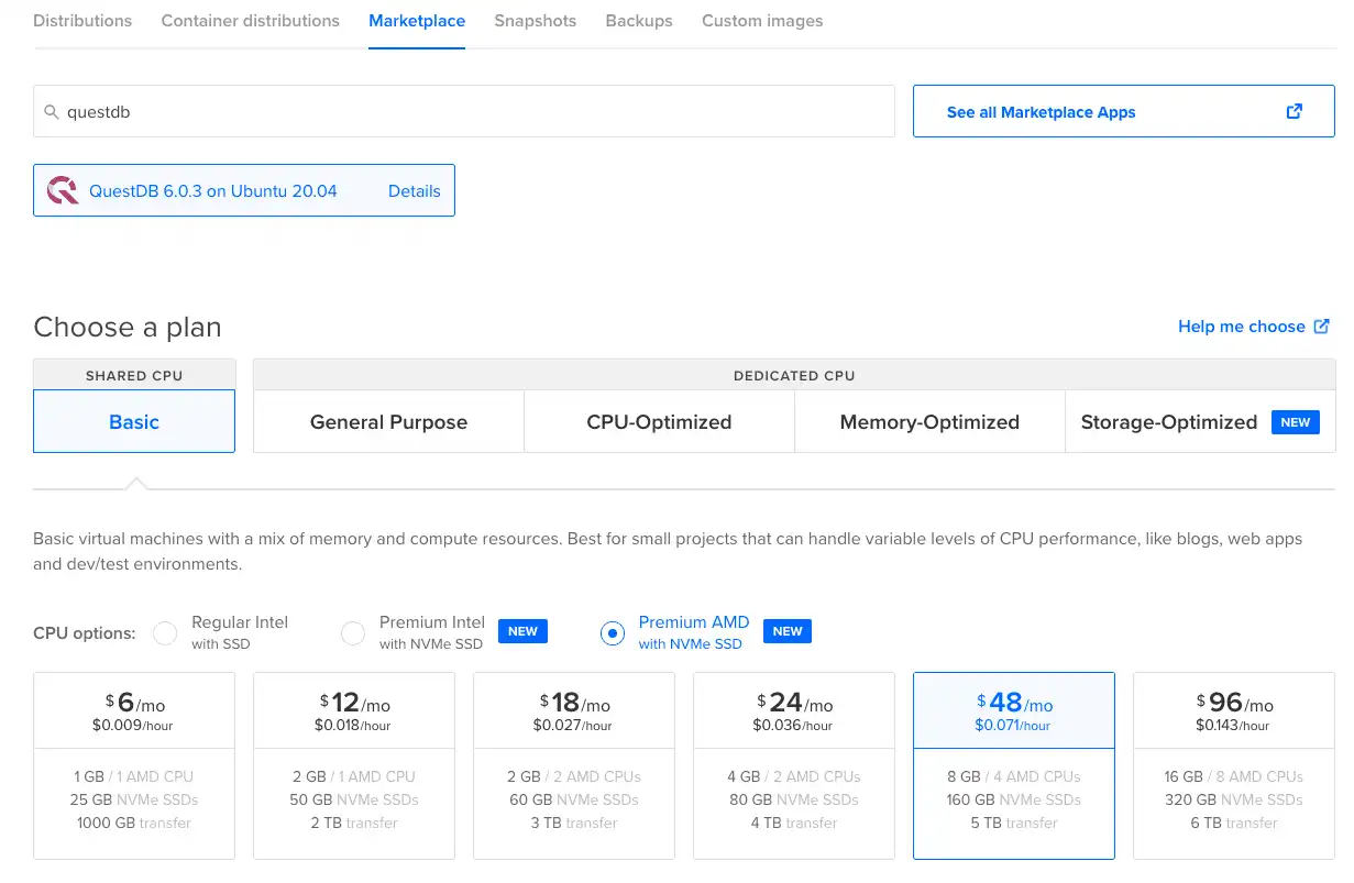 Choosing the RAM and CPU capacity for a QuestDB DigitalOcean Droplet